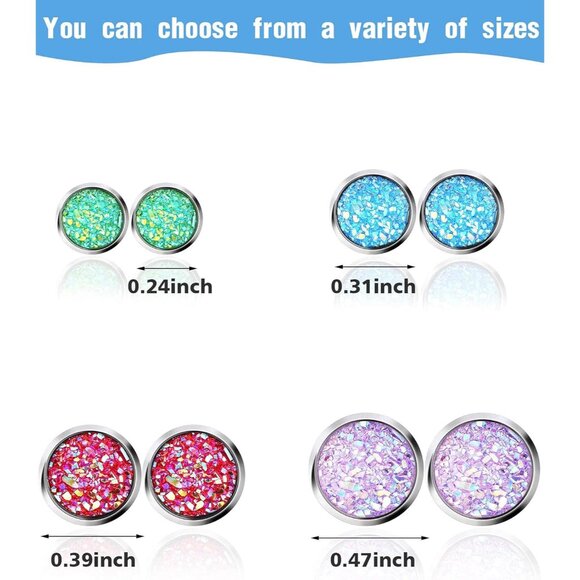 15 Pairs Colorful Druzy Stud Earrings Set - Stainless Steel Jewelry for Women - Picture 3 of 7